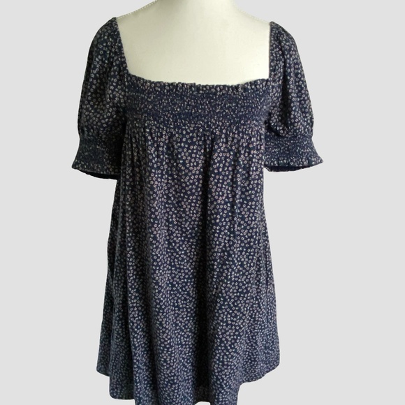 American Eagle Cotton Navy Blue Ditsy Floral Smocked Casual Summer Dress-Sz-S - Picture 1 of 15
